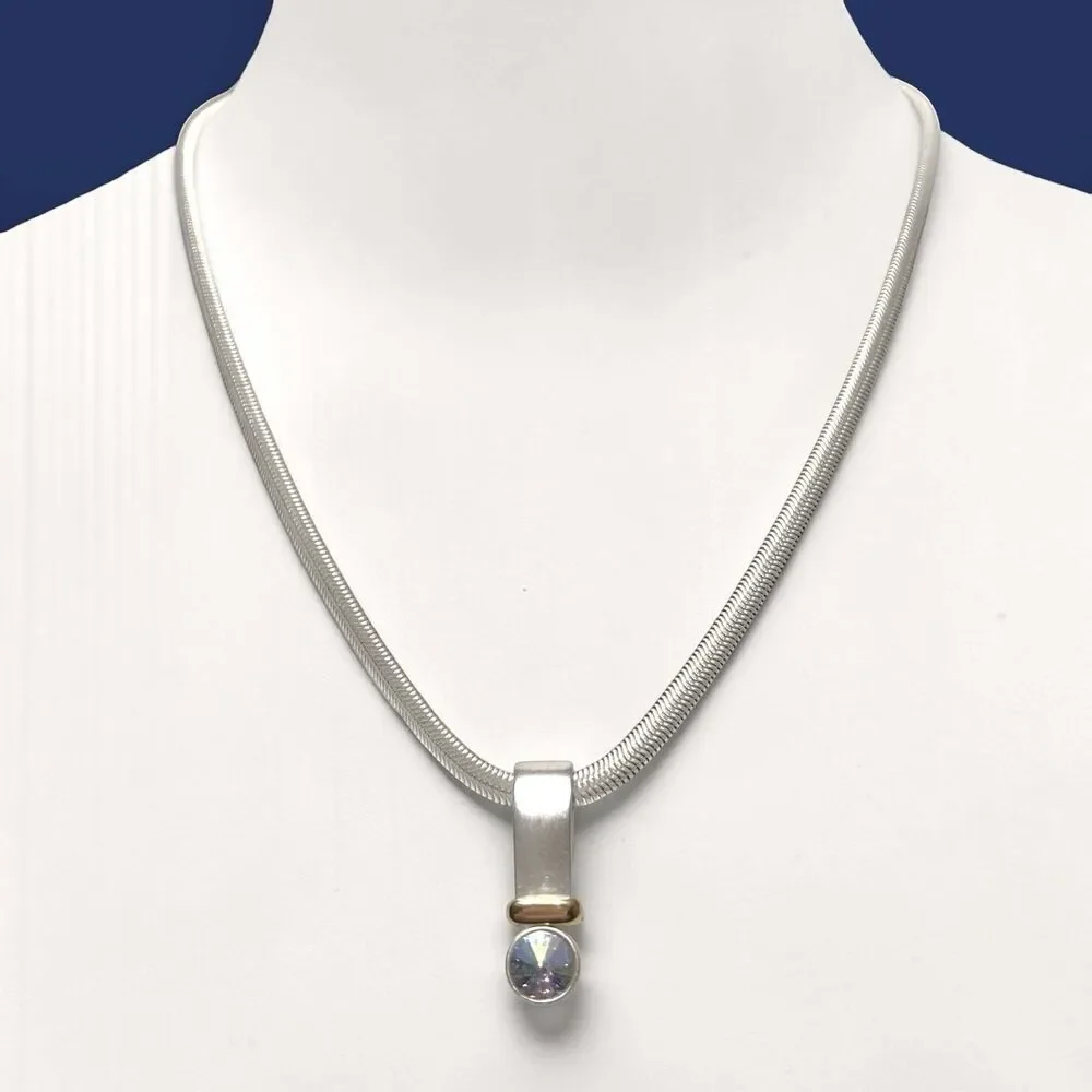 Premier Design Aurora Borealis Pendant Necklace Silver Tone Snake Chain Rivoli